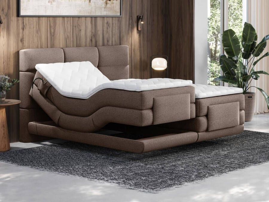 Vente-unique Set van boxspring met gecapitonneerd hoofdbord – Elektrische relaxbedbodems – Met matras en topmatras – 2 x 80 x 200 cm – Stoffen bekleding – Bruin – LODI van PALACIO L 215 cm x H 118 cm x D 168 cm