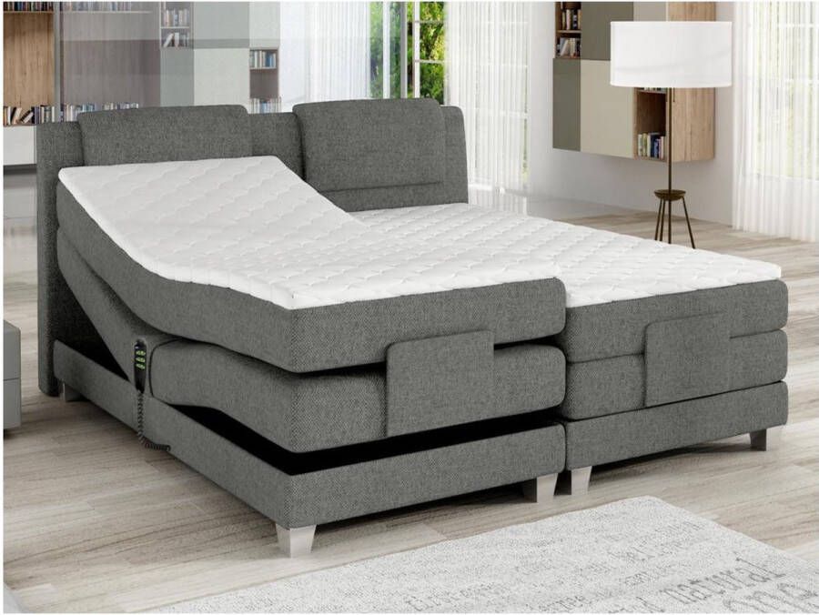 Palacio Tweepersoons boxspring met elektrische bedbodem + matras en dekmatras CASTEL 2x90x200cm Lichtgrijze stof L 215 cm x H 112 cm x D 188 cm - Foto 2