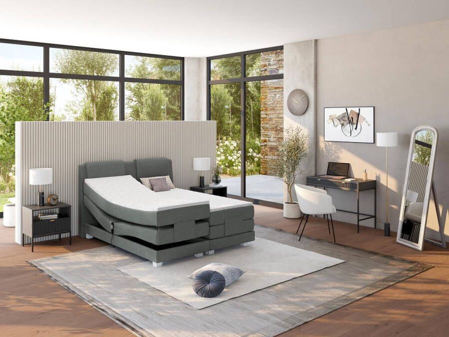 Palacio Tweepersoons boxspring met elektrische bedbodem + matras en dekmatras CASTEL 2x90x200cm Lichtgrijze stof L 215 cm x H 112 cm x D 188 cm