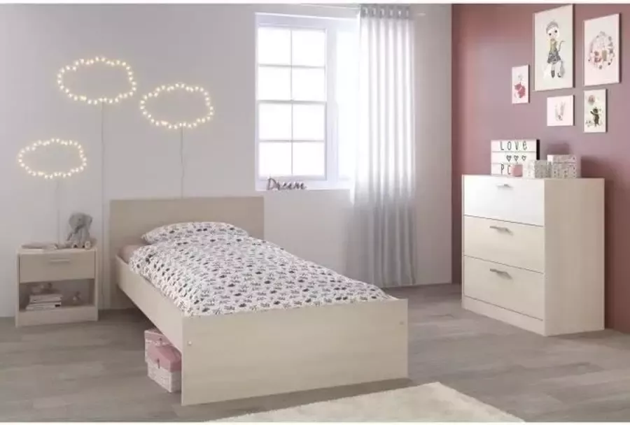 Parisot Complete hedendaagse kinderkamer met licht acacia en mat wit decor B 90 x L 190 cm CHARLEMAGNE