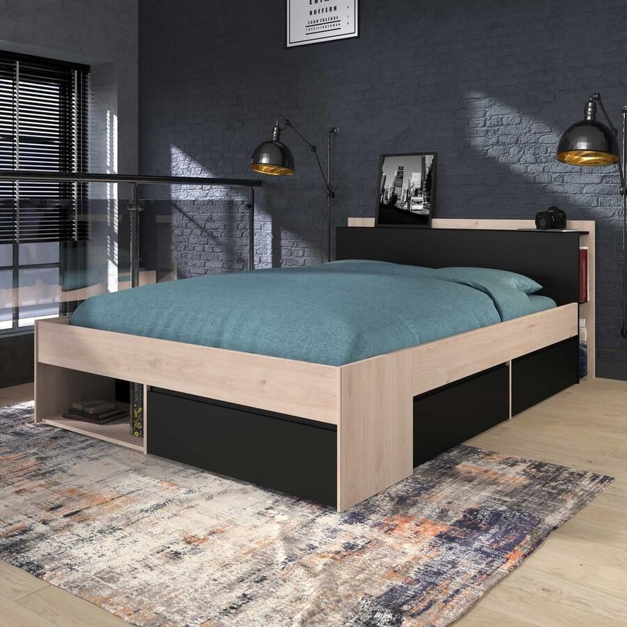 Parisot EMOB Bed Most 140x190 200cm met lades zwart Bedden met lades Bruin; Zwart Spaanplaat Bedden met lades Tweepersoons Normaal bed Op voorraad