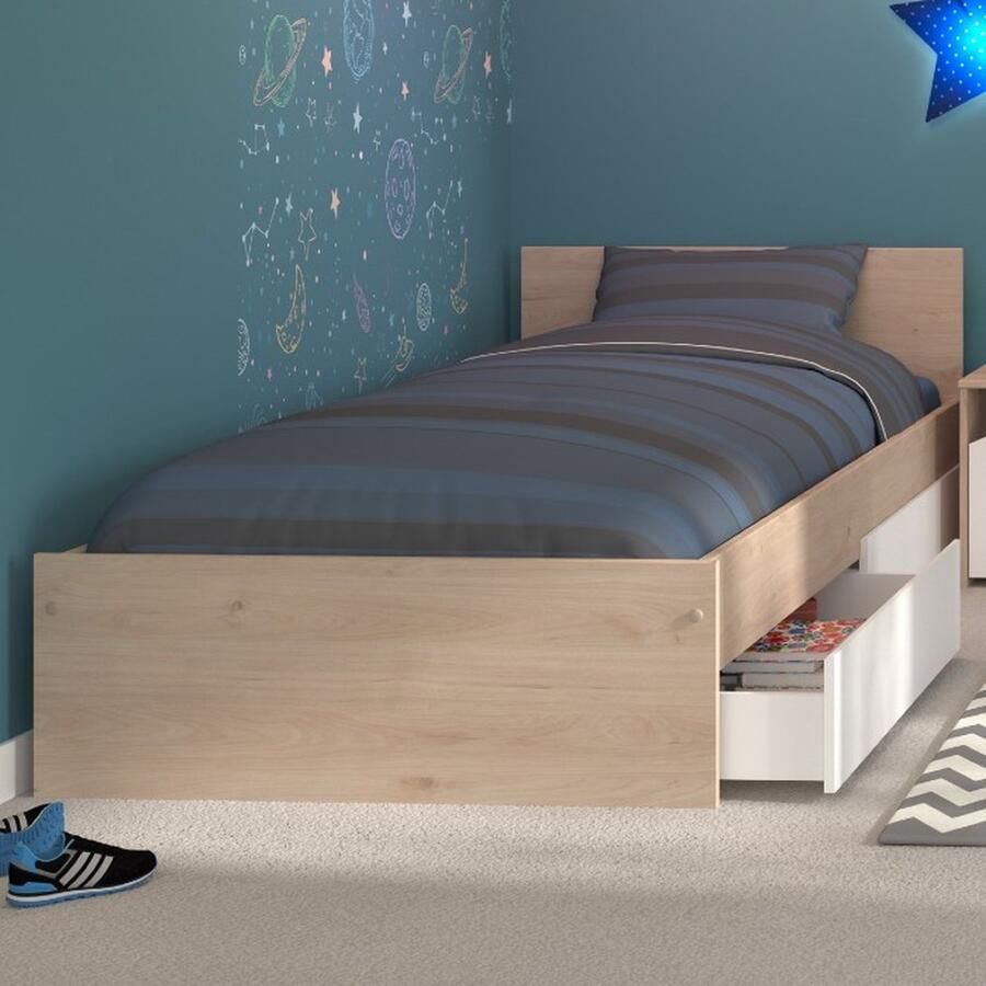 Parisot EMOB Eenpersoonsbed Shelby 90x190 eik Houten kinderbedden Wit; Bruin Spaanplaat Houten kinderbedden Eenpersoons Normaal bed Op voorraad