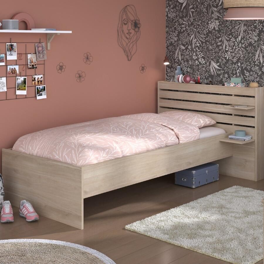 Parisot EMOB Eenpersoonsbed Tokio 90x200cm-eikdecor Houten kinderbedden Bruin Spaanplaat Houten kinderbedden Eenpersoons Normaal bed Op voorraad