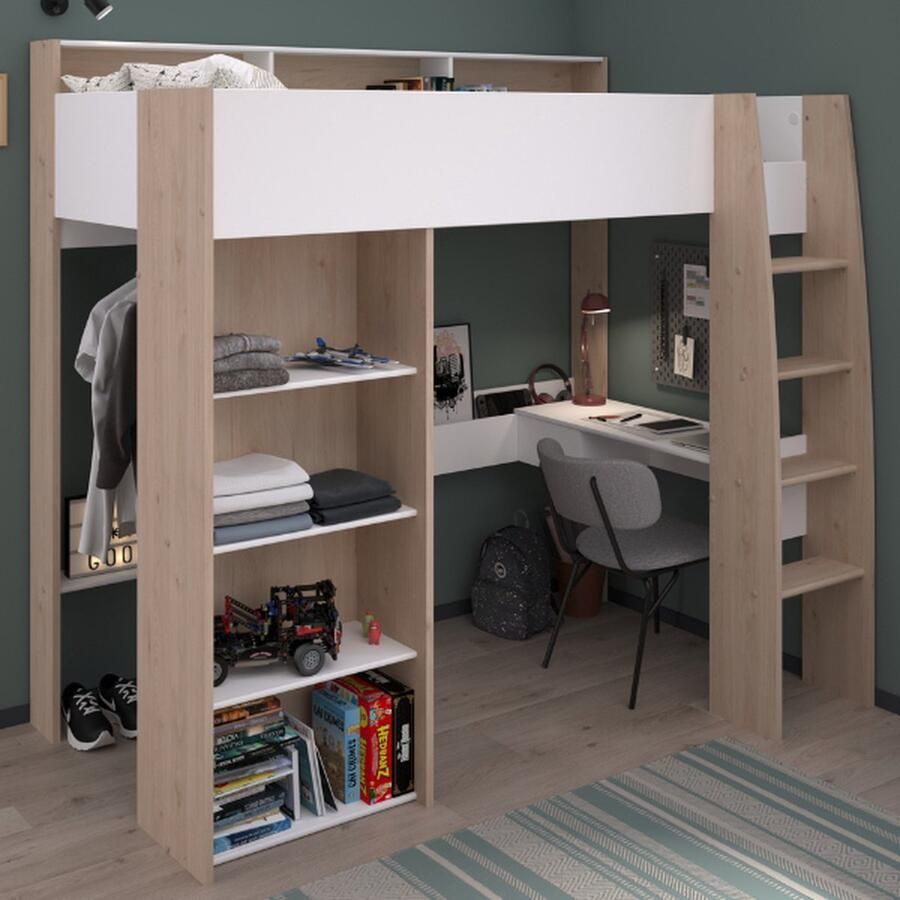 Parisot EMOB Hoogslaper Shelby 90x200cm met bureau wit eik Hoogslapers met bureau Wit; Bruin Spaanplaat Hoogslapers met bureau Eenpersoons Hoogslaper Op voorraad