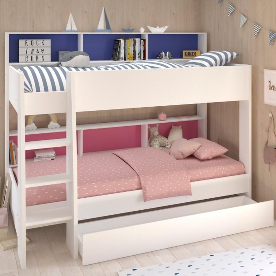 Parisot EMOB Stapelbed Leo 90x200cm met bedlade wit blauw roze Showroom Wit Spaanplaat Showroom Eenpersoons Stapelbed Op voorraad