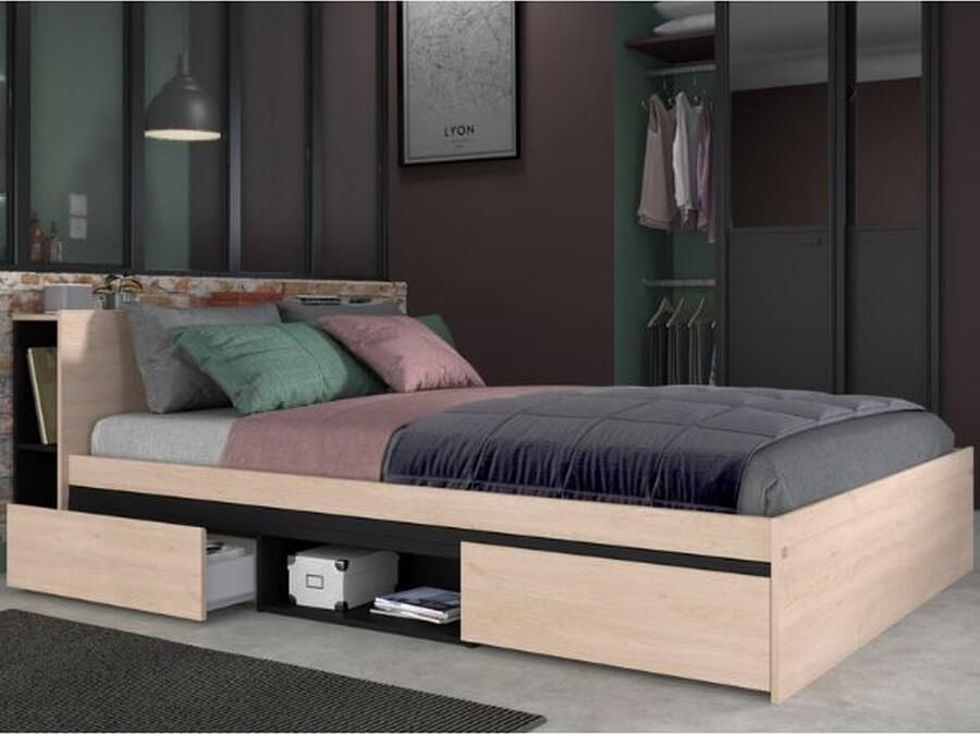 Parisot EMOB Tweepersoonsbed Bruxelles 148cm-2 legplanken 2 lades 1 opbegvak-zwart eik Bedden met lades Bruin; Zwart Spaanplaat Bedden met lades Tweepersoons Normaal bed Op voorraad
