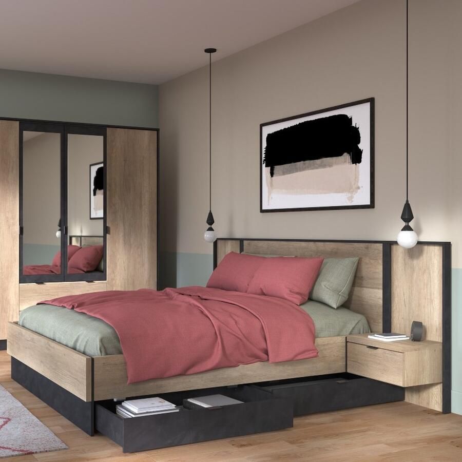 Parisot EMOB Tweepersoonsbed Yuri 140x190cm antraciet eik decor Slaapkamer outlet Bruin; Antraciet Spaanplaat Slaapkamer outlet Tweepersoons Normaal bed Op voorraad