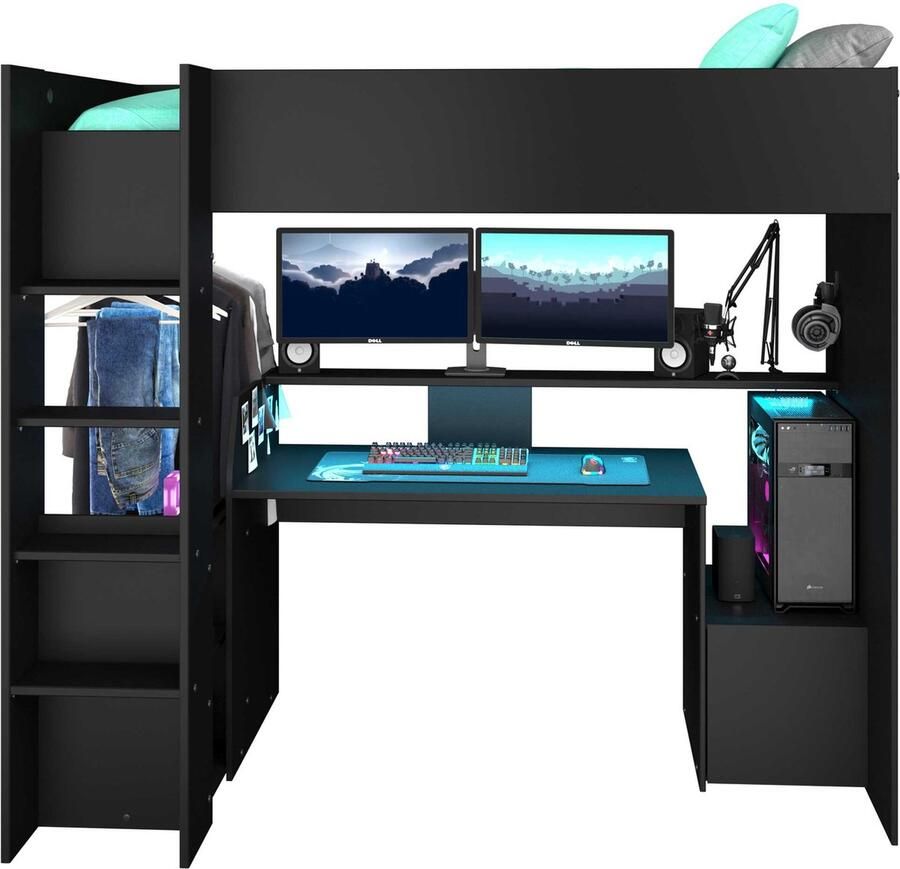 Parisot EMOB Gaming hoogslaper LevelUp 90x200cm met gamingbureau zwart Hoogslapers met bureau Zwart Melamine; Spaanplaat Hoogslapers met bureau Eenpersoons Hoogslaper Op voorraad - Foto 4