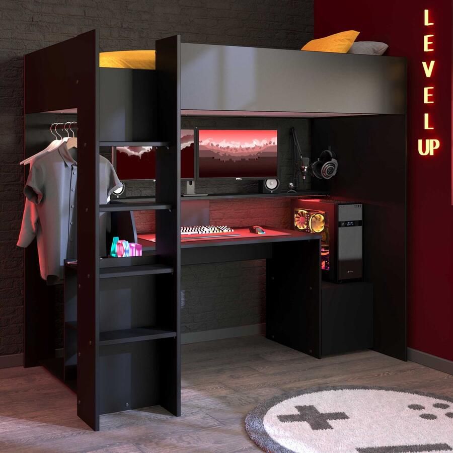 Parisot EMOB Gaming hoogslaper LevelUp 90x200cm met gamingbureau zwart Hoogslapers met bureau Zwart Melamine; Spaanplaat Hoogslapers met bureau Eenpersoons Hoogslaper Op voorraad