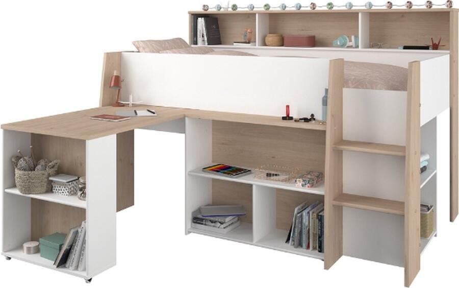 Parisot Vente-unique Combinatiebed – 90 x 200 cm – Met bureau en opbergruimte – Wit en houtlook – APOLINO L 208.4 cm x H 139.9 cm x D 133.3 cm - Foto 13