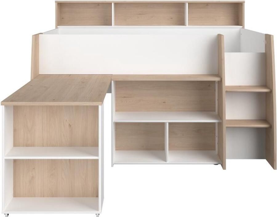 Parisot Vente-unique Combinatiebed – 90 x 200 cm – Met bureau en opbergruimte – Wit en houtlook – APOLINO L 208.4 cm x H 139.9 cm x D 133.3 cm - Foto 5