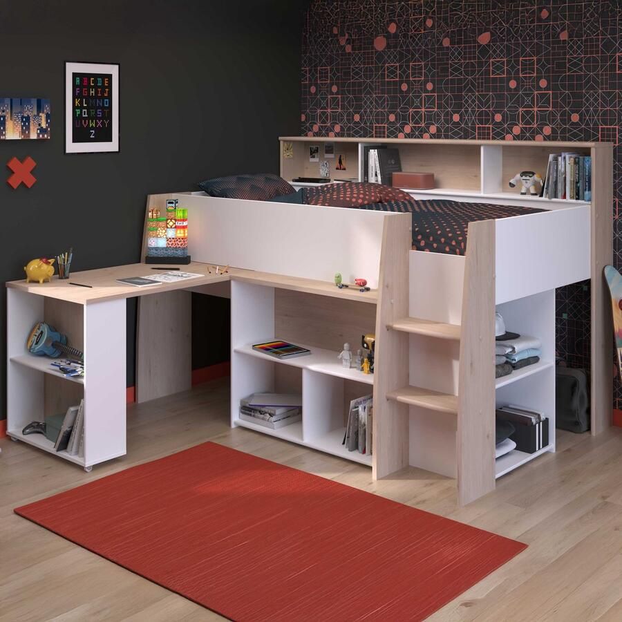 Parisot Vente-unique Combinatiebed – 90 x 200 cm – Met bureau en opbergruimte – Wit en houtlook – APOLINO L 208.4 cm x H 139.9 cm x D 133.3 cm - Foto 2