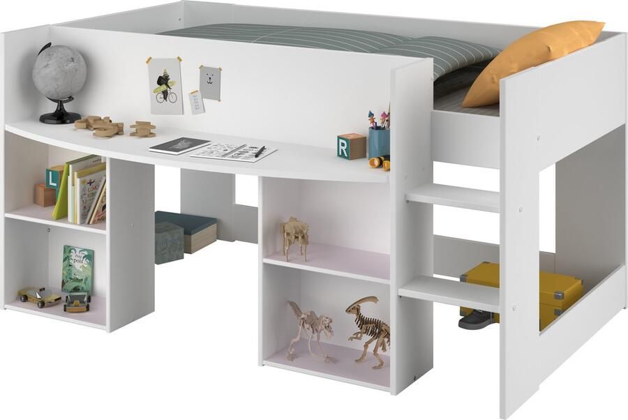 Parisot EMOB Halfhoogslaper Rue 90x200 met bureau wit grijs of wit roze Kinderbedden met uitvalbeveiliging Wit Spaanplaat Kinderbedden met uitvalbeveiliging Eenpersoons Halfhoogslaper Op voorraad - Foto 2