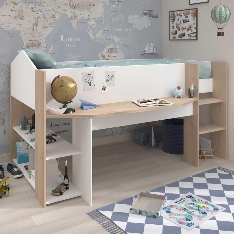 Parisot Halfhoogslaper Shelby 90x200 met bureau en opbergruimte wit eikdecor