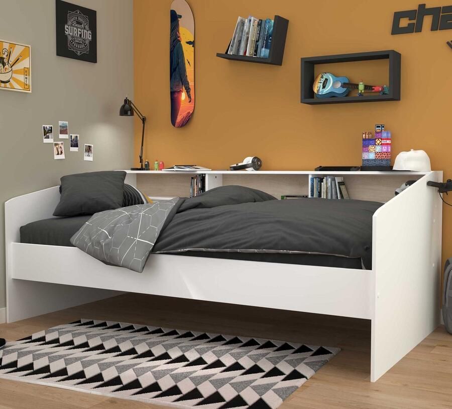 Parisot EMOB Kinderbed Sleep 90x200cm met opbergruimte wit eikdecor Tienerbedden Wit Spaanplaat Tienerbedden Eenpersoons Kajuitbed Op voorraad