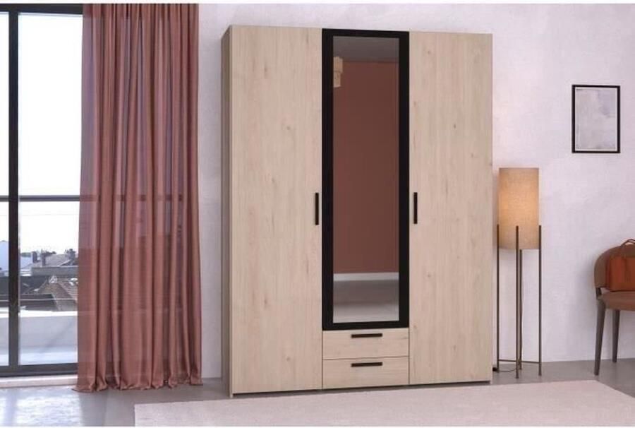 Parisot Kledingkast Spaanplaat Eiken en zwart decor 3 rechte deuren Essential Slaapkamer 120 3x185x51 7 cm