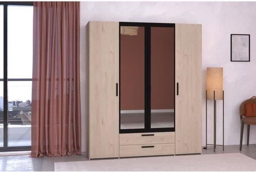 Parisot Kledingkast Spaanplaat Eiken en zwart decor 4 centrale deuren Essential Slaapkamer 120 3x185x51 7 cm