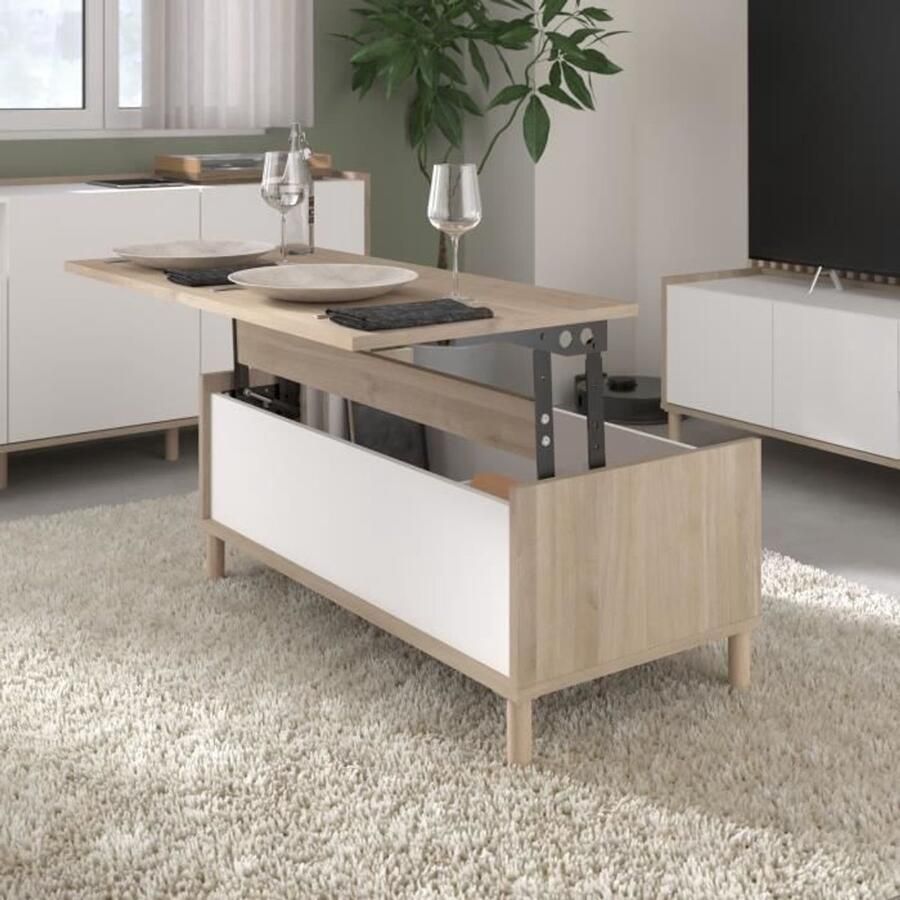 Parisot MORPHOS hefbare salontafel B 100 x D 50 x H 43 6 cm Rechthoekig Wit Eik