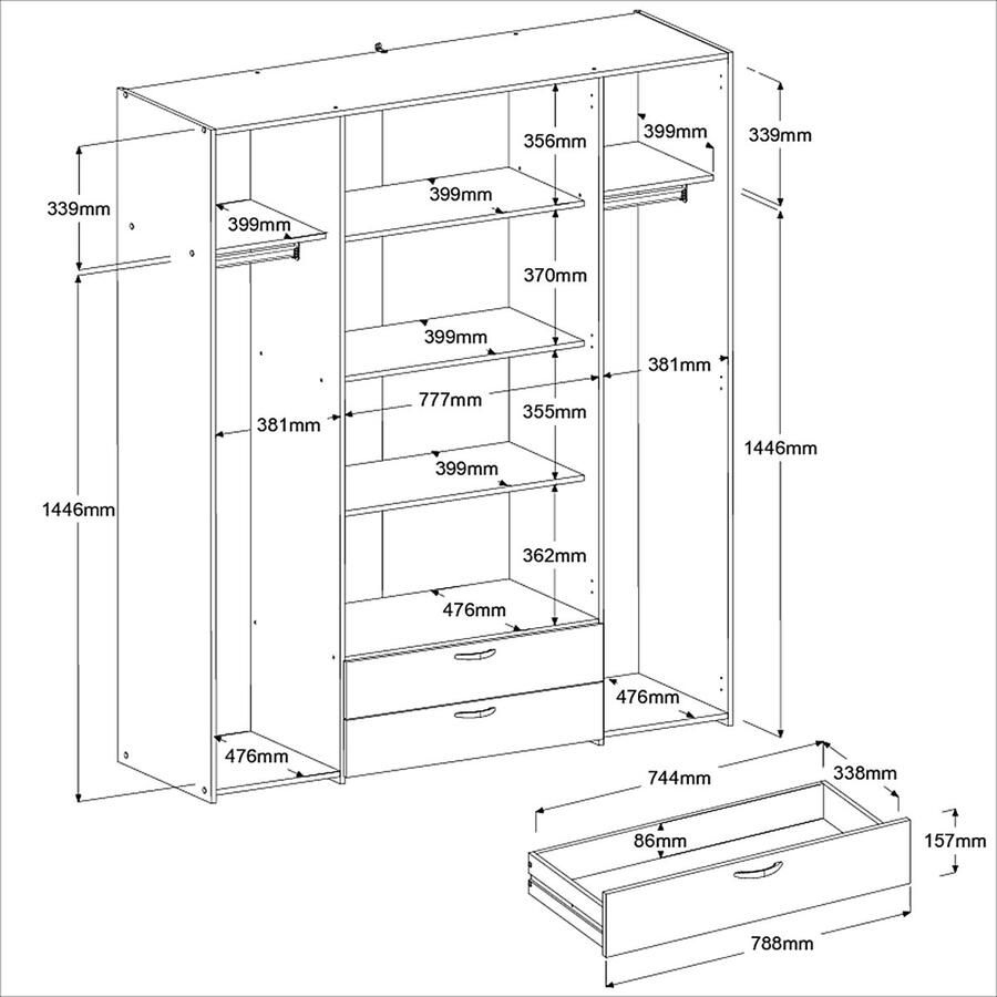 PARISOT VARIA slaapkamerkast Spaanplaat Eiken en wit decor 4 deuren + 2 laden L 159 9 cm x D 51 3 cm x H 185 cm