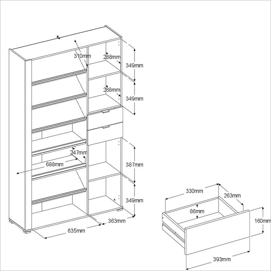 PARISOT SHoeS schoenenkast Eiken en Steam Black decor 2 deuren + 1 lade L 110 x H 186 x D 33 cm 20 paar - Foto 2