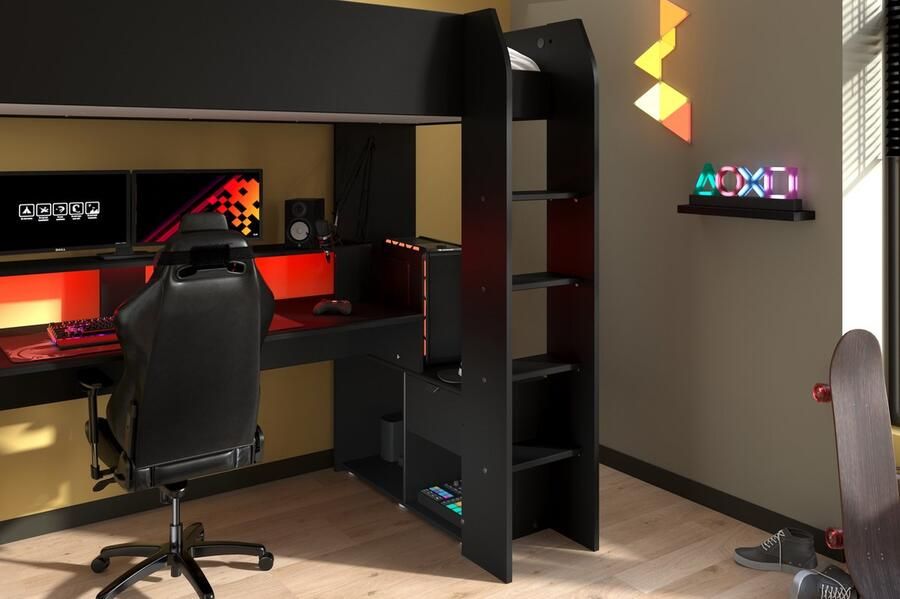 Parisot Hoogslaper Gaming-bed met bureau USB-aansluiting LED veel opbergruimte - Foto 17