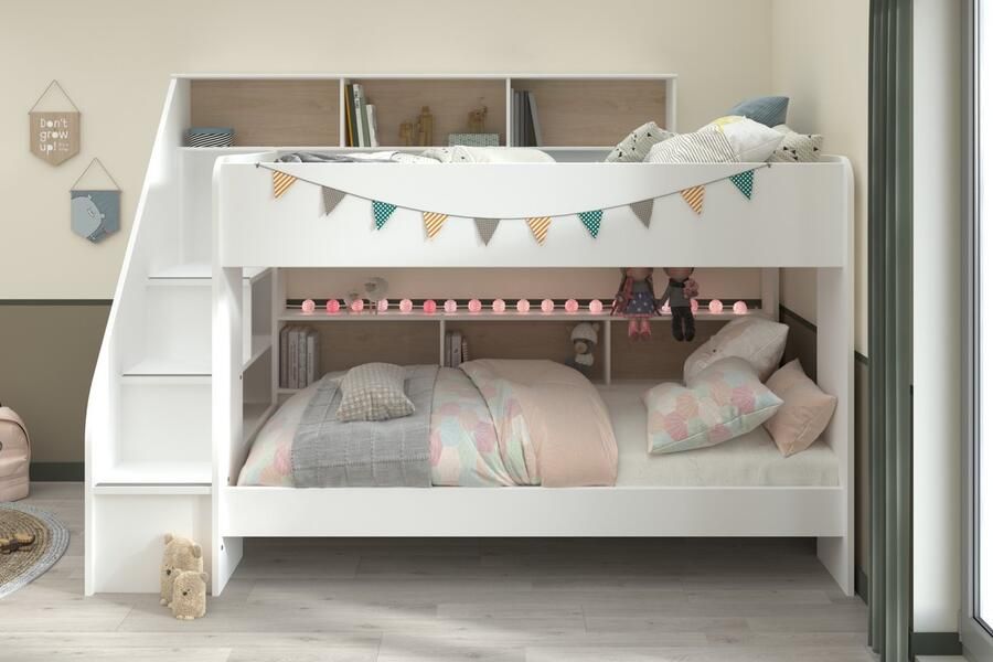 Parisot EMOB Stapelbed Lester 90x200 met opbergruimte wit eik Kinderbedden met opbergruimte Wit Spaanplaat Kinderbedden met opbergruimte Eenpersoons Stapelbed Op voorraad - Foto 5