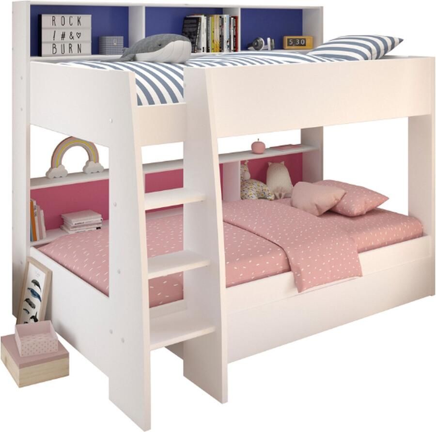 Parisot EMOB Stapelbed Leo 90x200cm met bedlade wit blauw roze Showroom Wit Spaanplaat Showroom Eenpersoons Stapelbed Op voorraad - Foto 2