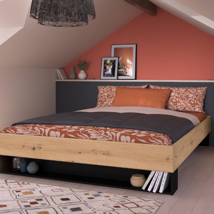 Parisot EMOB Tweepersoonsbed Stamp 206 x 163 8 x 37 7 cm Artisan Oak Brown Tweepersoonsbedden met opbergruimte Bruin Spaanplaat Tweepersoonsbedden met opbergruimte Tweepersoons Normaal bed Op voorraad