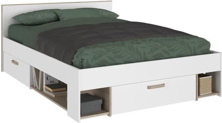 Parisot EMOB Tweepersoonsbed Sueno 140x200cm met opbergruimte wit eikdecor Bedden met lades Wit Spaanplaat Bedden met lades Tweepersoons Normaal bed Op voorraad