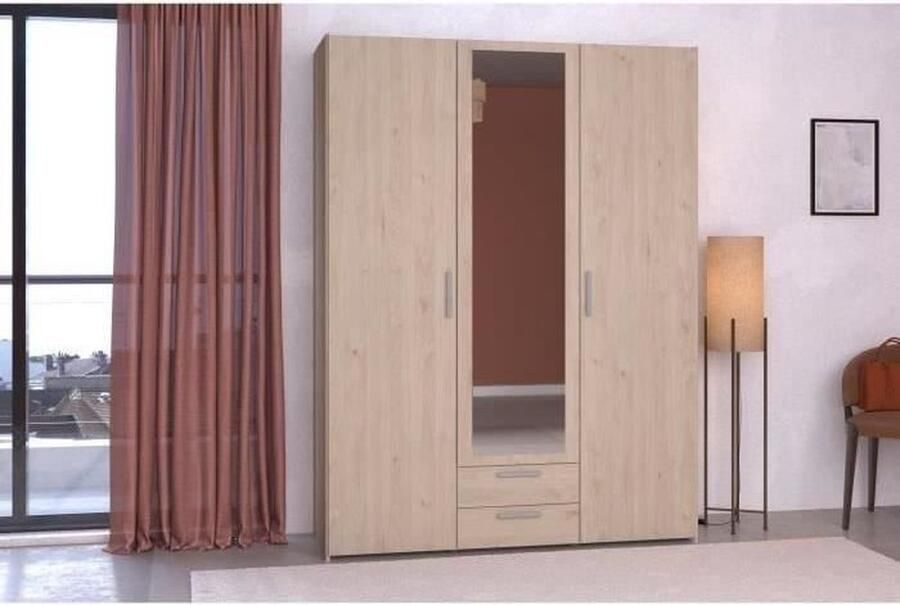 Parisot VARIA slaapkamerkast Spaanplaat Eiken decor 3 deuren + 2 laden + spiegel L 150 cm x D 51 7 cm x H 200 cm