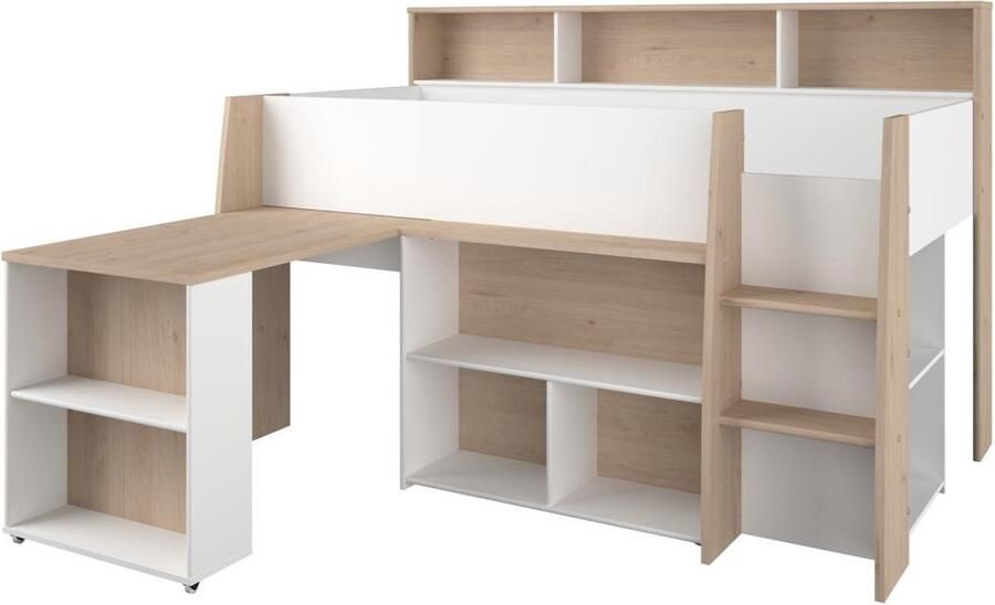 Parisot Vente-unique Combinatiebed – 90 x 200 cm – Met bureau en opbergruimte – Wit en houtlook – APOLINO L 208.4 cm x H 139.9 cm x D 133.3 cm - Foto 14
