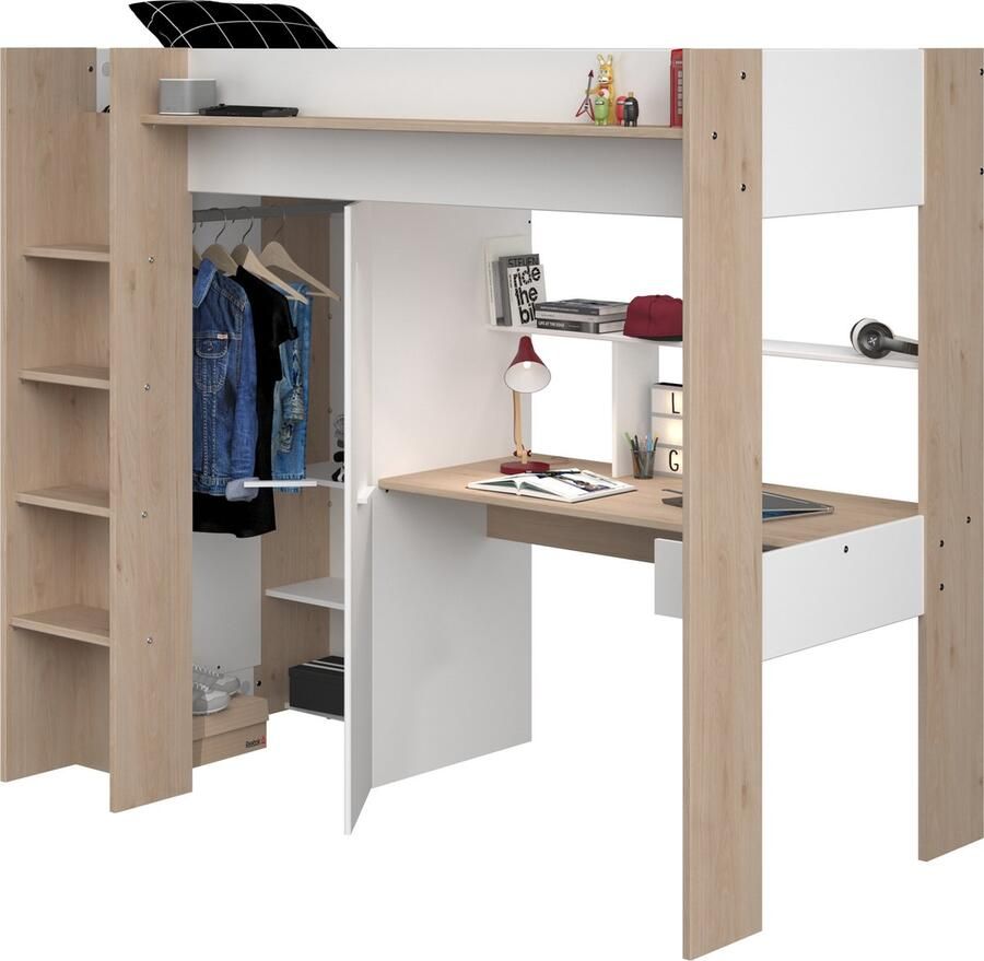 Parisot Vente-unique Hoogslaper met bureau en kast 90 x 200 cm Wit en naturel AUCKLAND L 204.4 cm x H 178.3 cm x D 116.4 cm - Foto 2