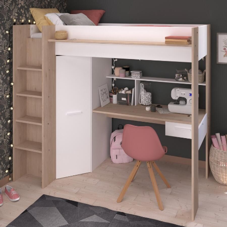 Parisot Vente-unique Hoogslaper met bureau en kast 90 x 200 cm Wit en naturel AUCKLAND L 204.4 cm x H 178.3 cm x D 116.4 cm