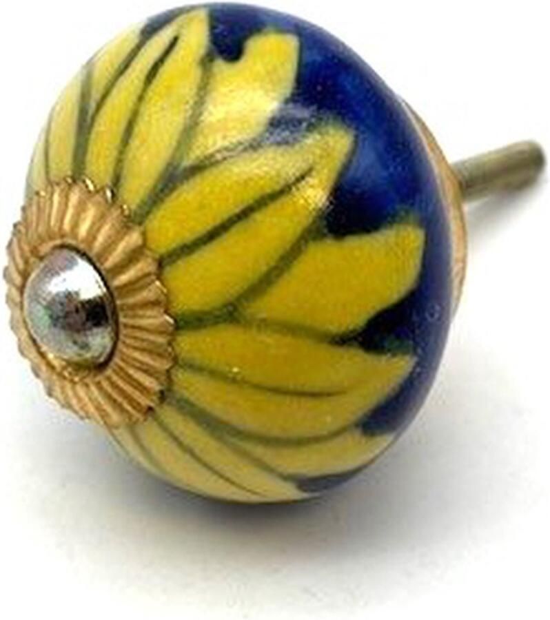 Parts & Pieces Porseleinen Knop Blauw Gele Bloem 40mm handgeschilderd