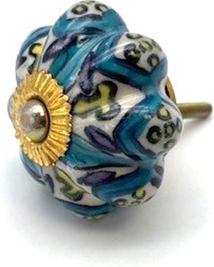 Parts & Pieces Porseleinen Knop Pompoen Turquoise Zwart en Geel 40mm handgeschilderd