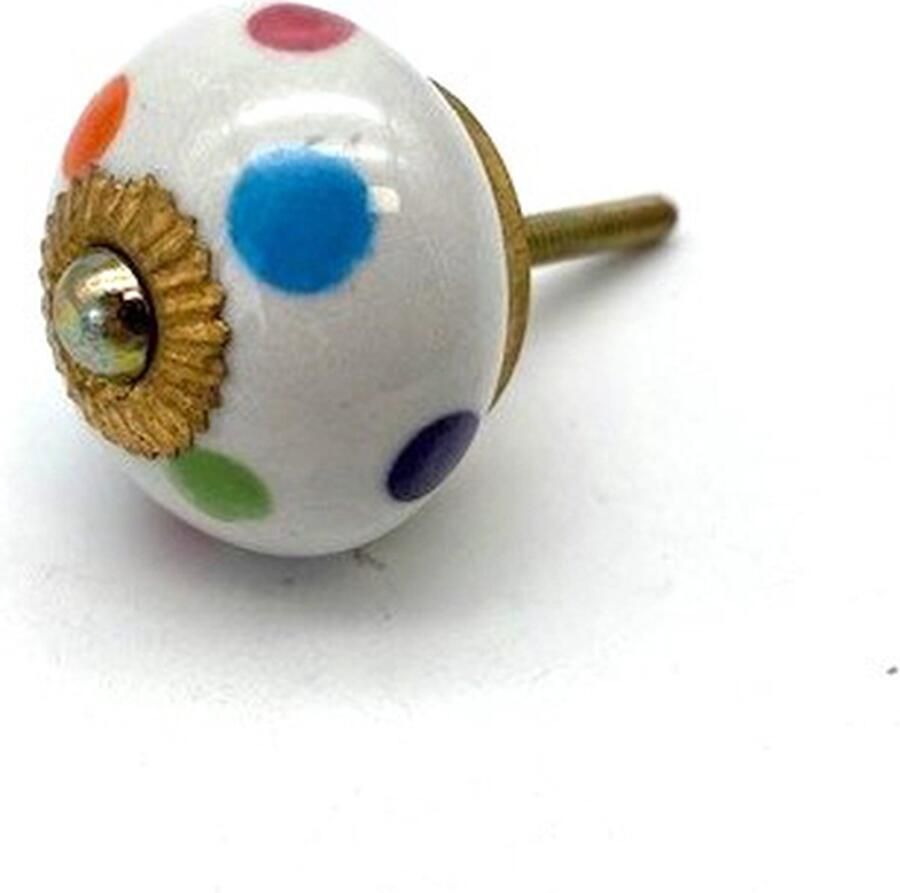 Parts & Pieces Porseleinen Knop Wit met gekleurde stippen 40mm handgeschilderd