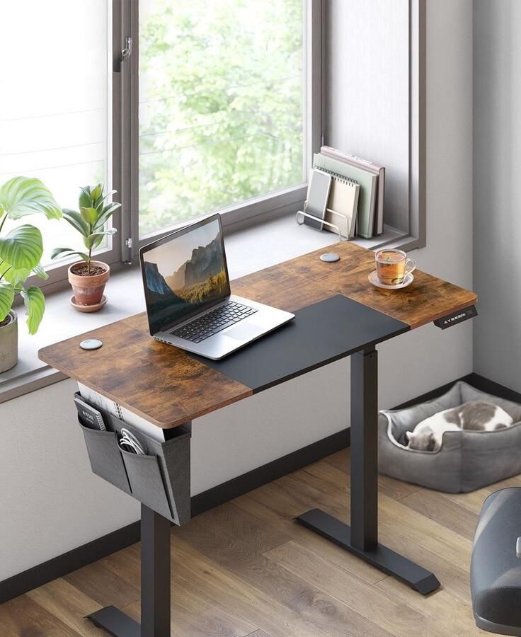 Hoogte verstelbaar bureau elektrisch stiploos verstelbaar gelaste werkplaats 4 hoogten opgeslagen stofzak 120 x 60 x (72-120) cm gemaakt van staal vintage bruinzwart LSD015X01