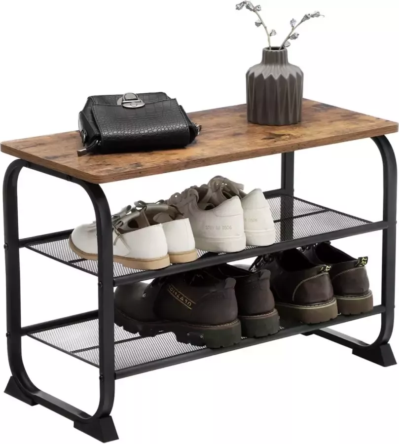 Bobbel Home Industrieel Schoenenrek 6 Paar Schoenen Incl. 2 rasterplanken Belastbaar tot 90 kg Zwart Bruin Hout Metaal Vintage