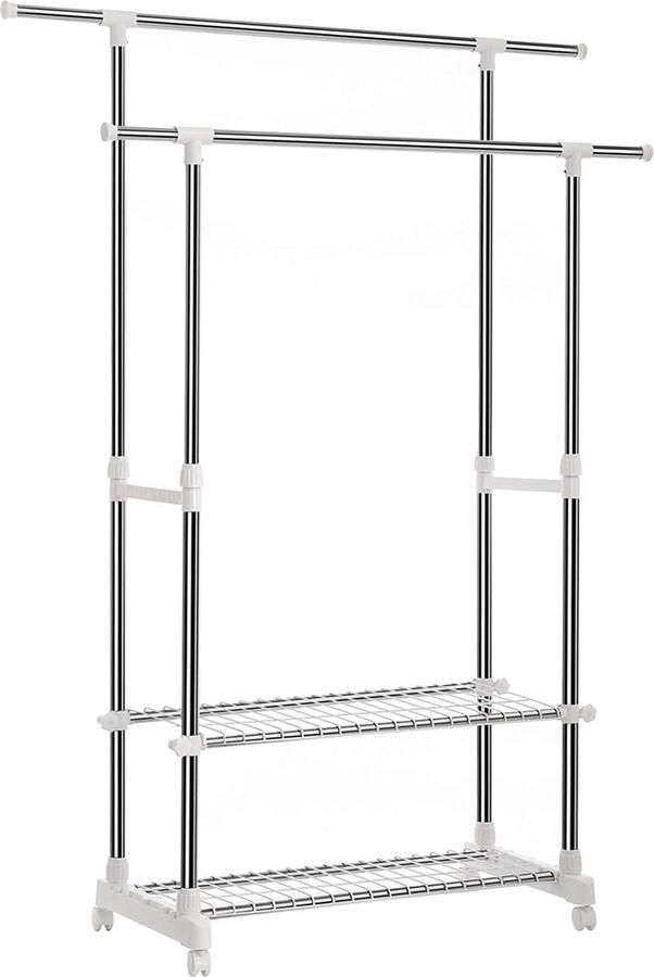 Parya Home Tweedelige Kledingrek Uitschuifbaar RVS Buizen Grijs 154 x 172 x 42 cm Zeer stabiel belastbaarheid van elke stang: 25 kg Met schoenenrek Met wieltjes Eenvoudige montage