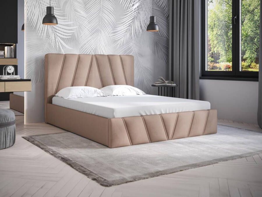 Pascal Morabito Bed met opbergruimte 140 x 190 cm Fluweel Beige + matras LIDAMA van L 153 cm x H 104 cm x D 200 cm