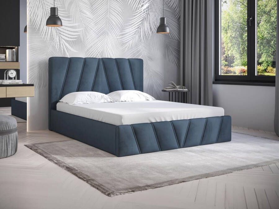 Pascal Morabito Bed met opbergruimte 140 x 190 cm Fluweel Blauw + matras LIDAMA van L 153 cm x H 104 cm x D 200 cm