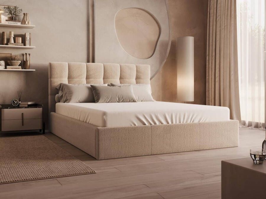 Pascal Morabito Bed met opbergruimte 160 x 200 cm Fluweel Beige + matras MIRDAL van L 173 cm x H 104 cm x D 210 cm