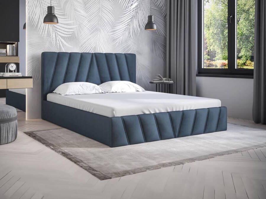 Pascal Morabito Bed met opbergruimte 160 x 200 cm Fluweel Blauw + matras LIDAMA van L 173 cm x H 104 cm x D 210 cm