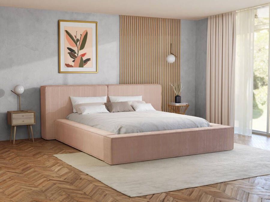 Pascal Morabito Bed met opbergruimte 160 x 200 cm Ribfluweel Roze + matras TIMANO van L 226 cm x H 90 cm x D 252 cm - Foto 2