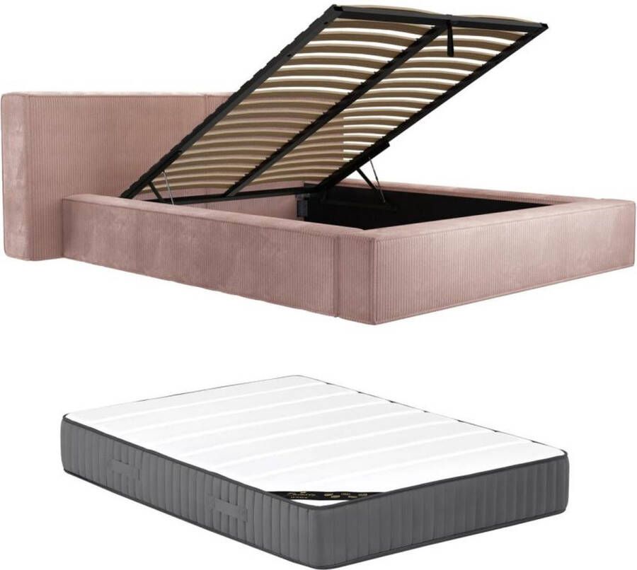 Pascal Morabito Bed met opbergruimte 180 x 200 cm Ribfluweel Roze + matras TIMANO van L 246 cm x H 90 cm x D 252 cm