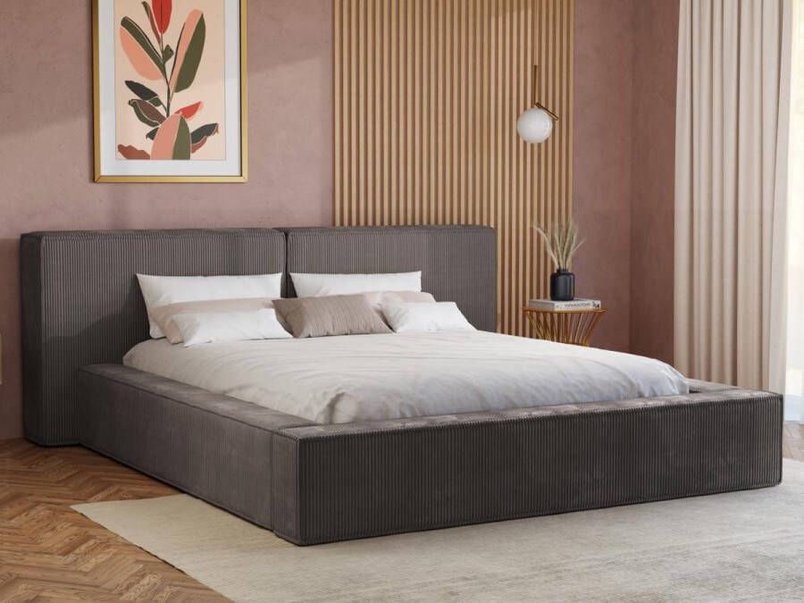 Pascal Morabito Bed met opbergruimte 180 x 200 cm Ribfluweel Taupe + matras TIMANO L 246 cm x H 90 cm x D 252 cm