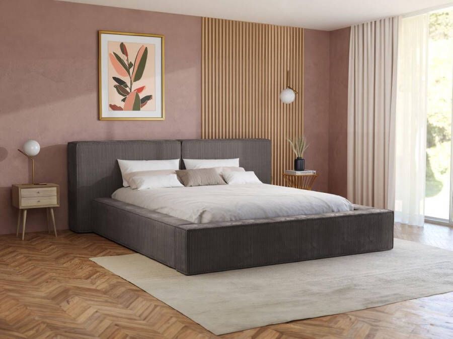Pascal Morabito Bed met opbergruimte 180 x 200 cm Ribfluweel Taupe + matras TIMANO L 246 cm x H 90 cm x D 252 cm