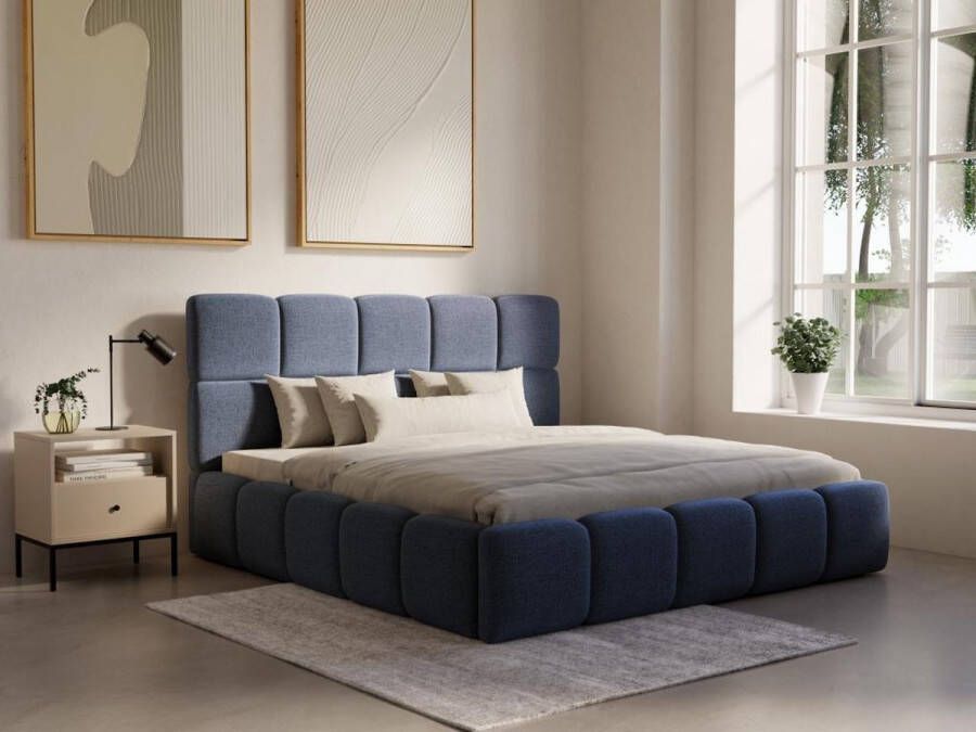 Pascal Morabito Bed met opbergruimte 180 x 200 cm Stof met textuur Blauw DAMADO van L 210 cm x H 95 cm x D 221 cm