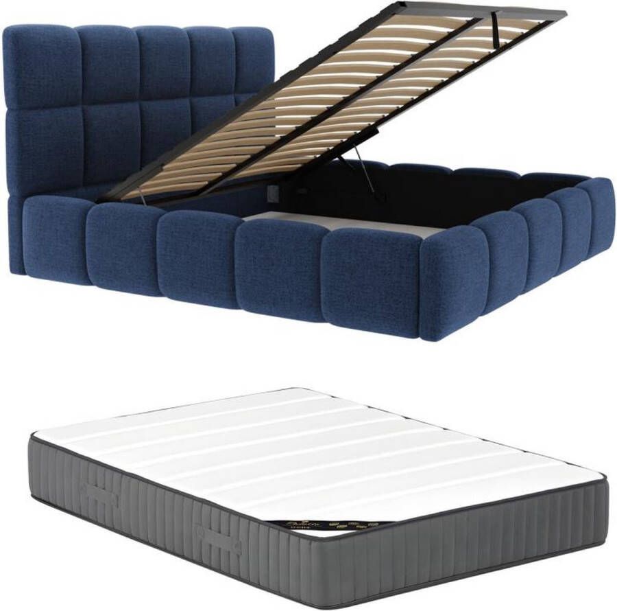 Pascal Morabito Bed met opbergruimte 180 x 200 cm Stof met textuur Blauw + matras DAMADO van L 210 cm x H 95 cm x D 221 cm