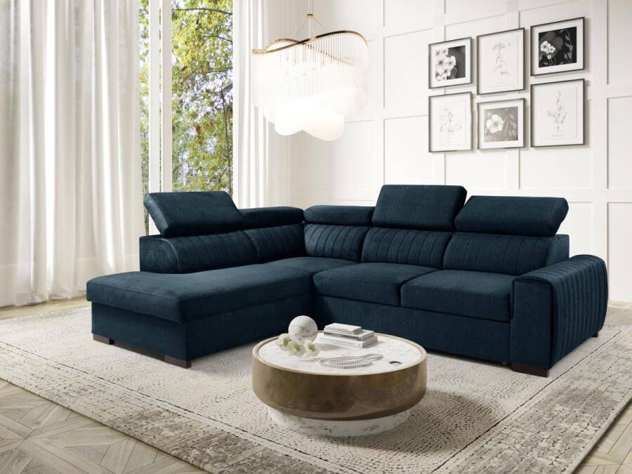 Grote slaapbank met hoek links in donkerblauwe stof LARICA van PASCAL MORABITO L 275 cm x H 85 cm x D 218 cm
